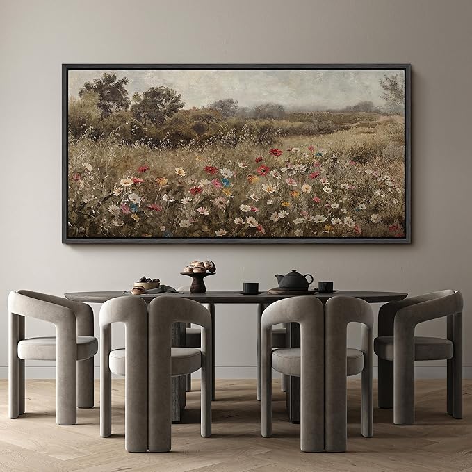 SIGNFORD Extra Large Framed Canvas Wildflower Meadow in Soft Fog Vintage Nature Illustrations Modern Art Calm Warm for Living Room, Bedroom, Office - 60"x30"