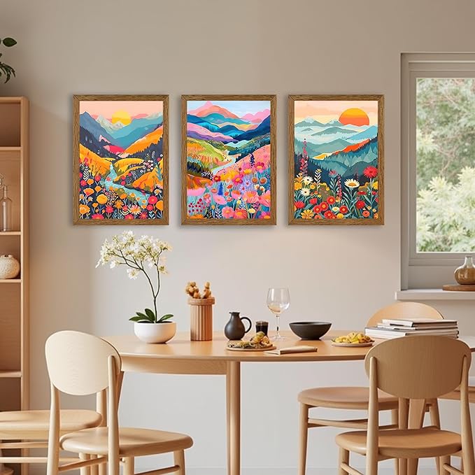 InspiredHues Colorful Mountain Boho Canvas Wall Art Set, 3 Piece Watercolor Flower Picture Wall Decor, Abstract Nature Landscape Artwork Prints for Living Room Bedroom Office 12x16 In Wood Framed