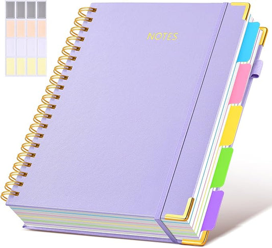 Hardcover Spiral Notebook 8.5"x11" Journal with Removable Dividers Tabs, 300 Pages Leather 5 Subject Notebook College Ruled, Large A4 Notebooks for Work School, Lined Journal for Women, A4 Purple