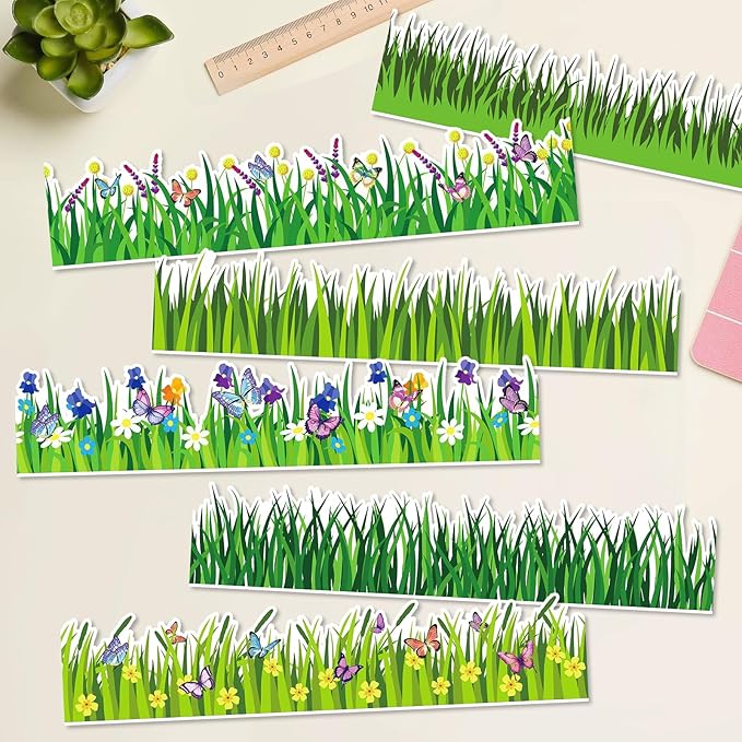 Konsait Bulletin Board Borders Set, 55Ft Green Grass Border for Bulletin Board, Self-Adhesive Butterfly Flower Bulletin Board Border, Bulletin Borders for Classroom Home Office