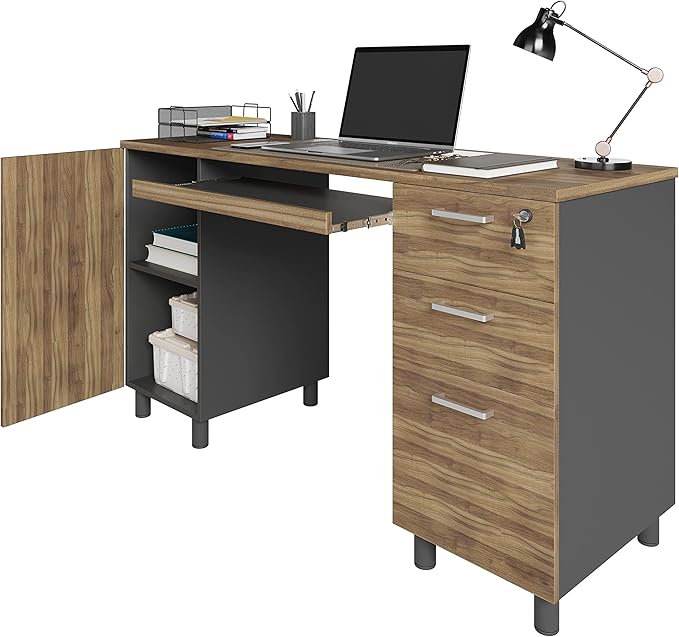 Modern Design Venice Computer Office Desk with 3 Locking Drawers and Storage Cabinet, 53 Inch Home and Office Executive Walnut and Black Desk with Keyboard Tray by Crafts and Comfort