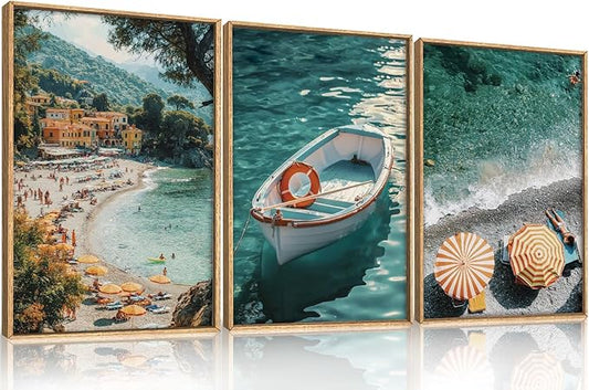 Aryroi Italy Spring Coastal Seascape Framed Canvas Wall Art Set,Mediterranean Amalfi Italian Blue Green Seaside Beach Decor,Natural Foreign Travel City Summer Artwork for Living Room,Farmhouse- 24"x36"x3