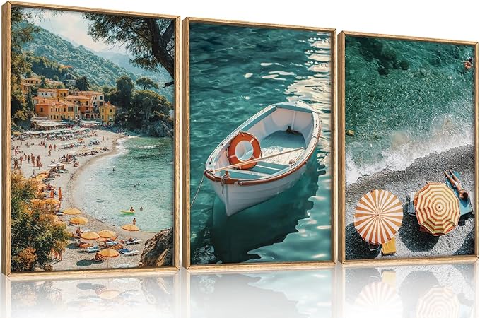 Aryroi Italy Spring Coastal Seascape Framed Canvas Wall Art Set,Mediterranean Amalfi Italian Blue Green Seaside Beach Decor,Natural Foreign Travel City Summer Artwork for Living Room,Farmhouse- 16"x24"x3