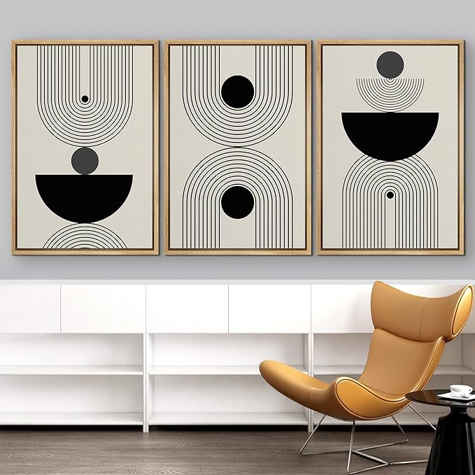 IDEA4WALL Framed Canvas Print Wall Art Set Geometric Dark Circle Striped Polygon Collage Abstract Shapes Illustrations Modern Art Nordic for Living Room, Bedroom, Office - 24"x36"x3 Natural