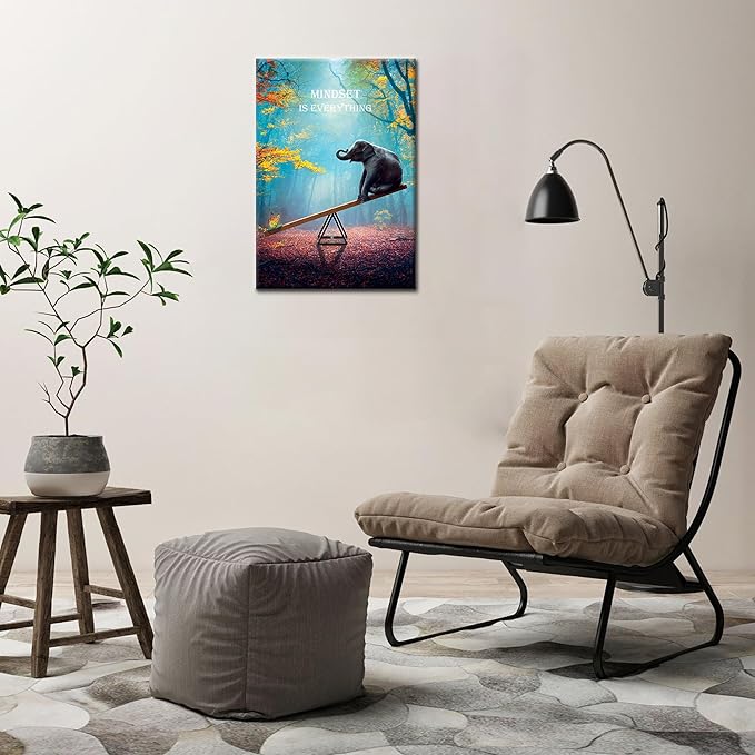 SKASNFAI Elephant Wall Art Mindset Motivation Office Wall Canvas Animals Poster Framed Artwork for Living room Ready to Hang (12x16 inch)