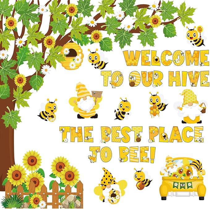 Pajean 104 Pcs Classroom Tree Bulletin Board Set Bee Sunflower Bulletin Boards Decoration Cutouts Spring Summer Tree Leaves Cutout for Classroom Window Wall Home Office School Decor