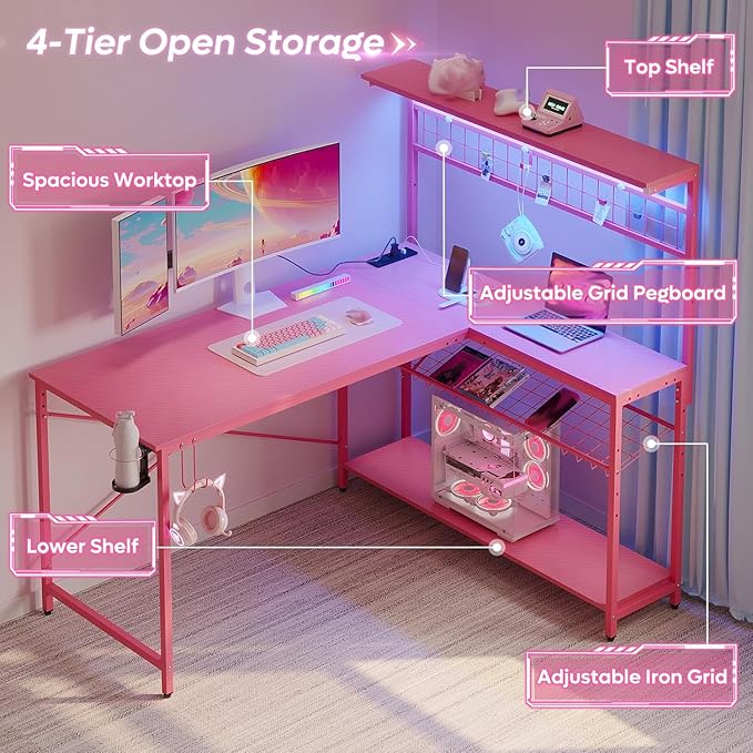 Bestier Gaming Desk 51" L-Shaped, with Power Outlets & LED Lights- 4 Tier Shelves, Reversible Gamer Table with Hooks & Cup Holder for Home Office Carbon Fiber Pink