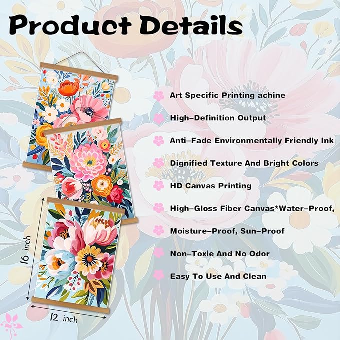 Colorful Flowers Posters Wall Art Set of 3 with Hanging Wooden Frame,Preppy Minimalist Canvas Wall Decor Prints,Vintage Beautiful Wildflower Artwork for Living Room Bedroom Bathroom Home Decor 12x16In