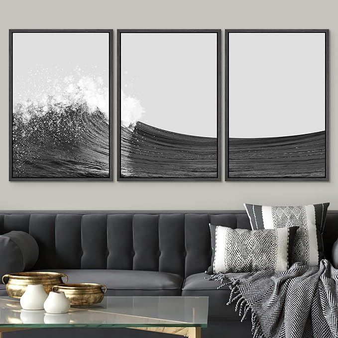 SIGNWIN 3 Piece Framed Canvas Wall Art Black and White Ocean Waves Nature Wilderness Illustrations Abstract Traditional Relax/Calm Home Artwork Decoration for Living Room,Bedroom - 16"x24"x3 Black