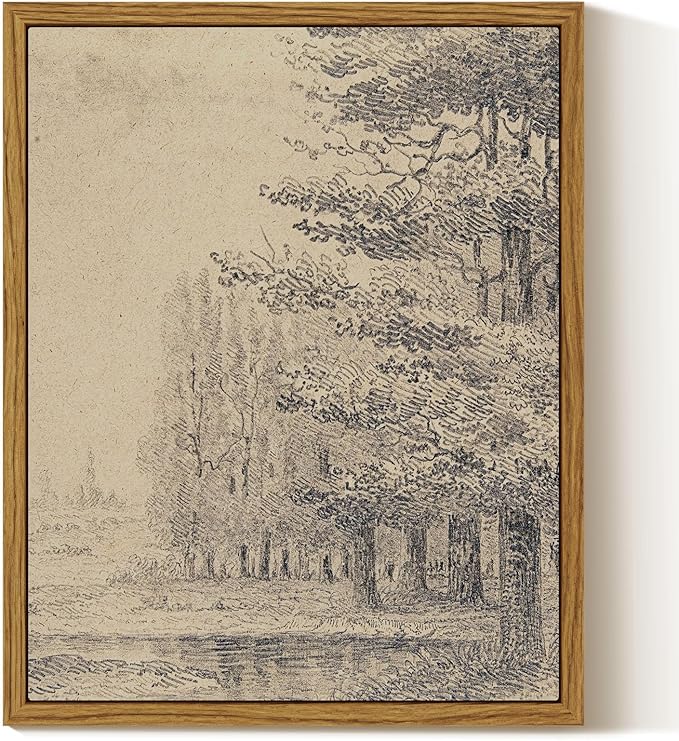 InSimSea Framed Canvas Print Art, Vintage Sketch Forest Woodland Landscape Painting, Rustic Farmhouse Cottage Decor for Hallway Wall Floating Shelf Desk Vanity Fireplace,10x8in, Neutral Tones