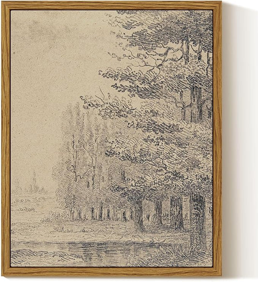 InSimSea Framed Canvas Print Art, Vintage Sketch Forest Woodland Landscape Painting, Rustic Farmhouse Cottage Decor for Hallway Wall Floating Shelf Desk Vanity Fireplace,10x8in, Neutral Tones