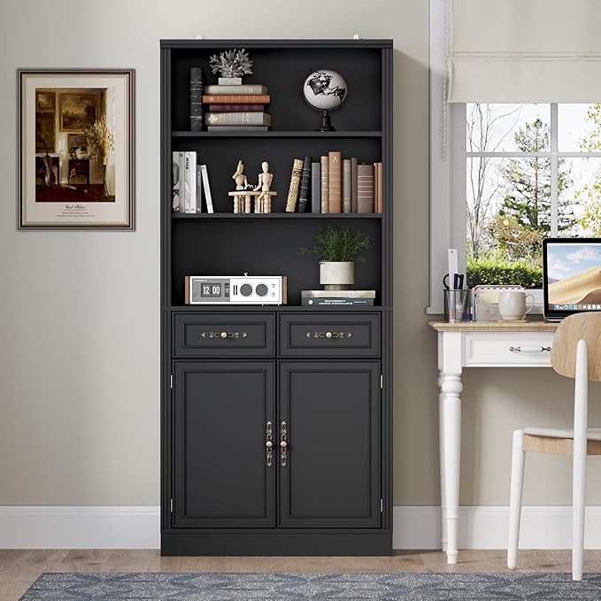 70.1" Tall Bookshelf with Drawers & Cabinet, 5-Tier Floor Standing Bookcase with Storage Doors, Adjustable Shelves & Metal Handles, 31.5" Wide Organizer for Home Office, Living Room