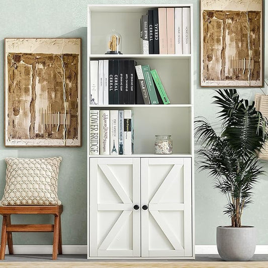 White 5-Tier Bookshelves for Living Room, Farmhouse Tall Bookcase with Doors, Wooden Bookshelf with Storage Cabinet and Shelves for Living Room, Home Office