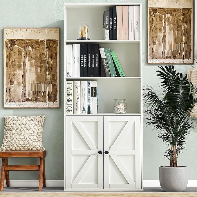 White 5-Tier Bookshelves for Living Room, Farmhouse Tall Bookcase with Doors, Wooden Bookshelf with Storage Cabinet and Shelves for Living Room, Home Office (2PCS)