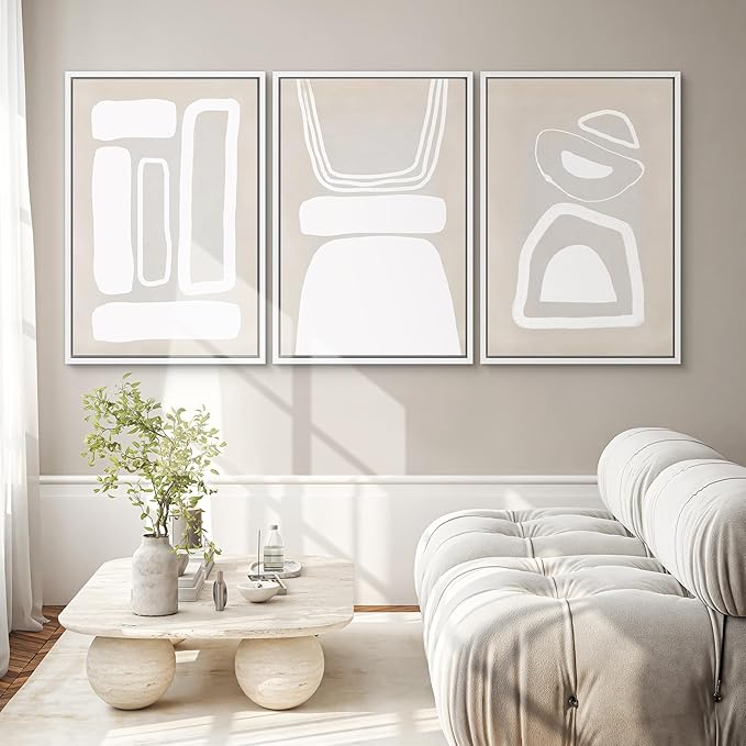 SIGNWIN Framed Canvas Print Wall Art Set Mid-Century Boho Geometric Polygons Abstract Shapes Cozy Neutral Modern Art Decorative Contemporary Minimal for Living Room, Bedroom, Office - 16"x24"x3 White