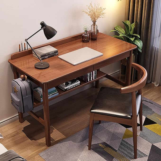 SAZDFY Solid Wood Home Office Desk Workstation, Writing Desk with 2 Drawer and Shelves,Mid Century Modern Computer Desk PC Study Table for Small Spaces(100x60x75cm(39x24x29in), Walnut1)