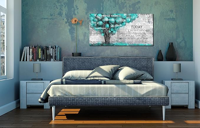 Teal Wall-Decor For Office - Inspirational Quotes Tree Wall Art - Large Canvas Wall Art Teal Decor For Living Room Ready To Hang Size 20" x 40"