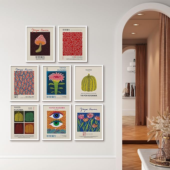 SIGNWIN Framed Poster Wall Art Set of Mushroom Botanical, Blue Red Dots, Japanese Pumpkin The Ocean Minimalist Decor for Living Room, Bedroom, Office - 12"x16"x 8 White