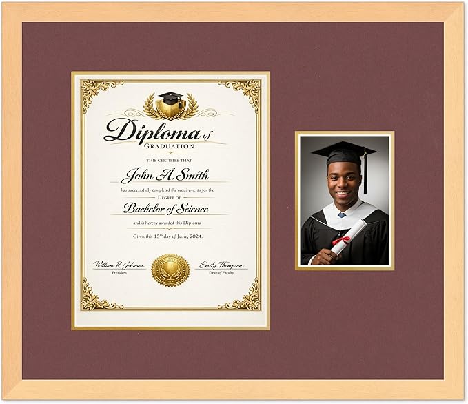 CountryArtHouse Fits 10 x 13 College Diploma (Portrait Traditional) and 5 x 7 Diploma and Photo Frame Natural Wood Genuine Hardwood with Dark Red Over Metallic Gold Double mat