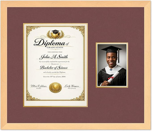 CountryArtHouse Fits 10 x 13 College Diploma (Portrait Traditional) and 5 x 7 Diploma and Photo Frame Natural Wood Genuine Hardwood with Dark Red Over Metallic Gold Double mat