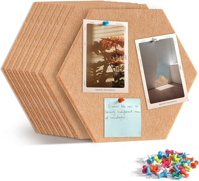 12" Large Bulletin Board with 30 Push Pins, Pack of 8 Hexagon Felt Pin Board Notice Boards for Home Office, Felt Wall Tiles for Photos Memos (Brown)