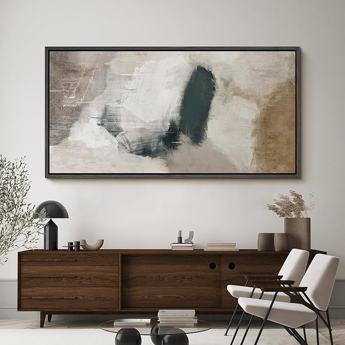 SIGNFORD Extra Large Framed Canvas Neutral Abstract Brushstroke Illustrations Modern Art Calm Warm for Living Room, Bedroom, Office - 60"x30"