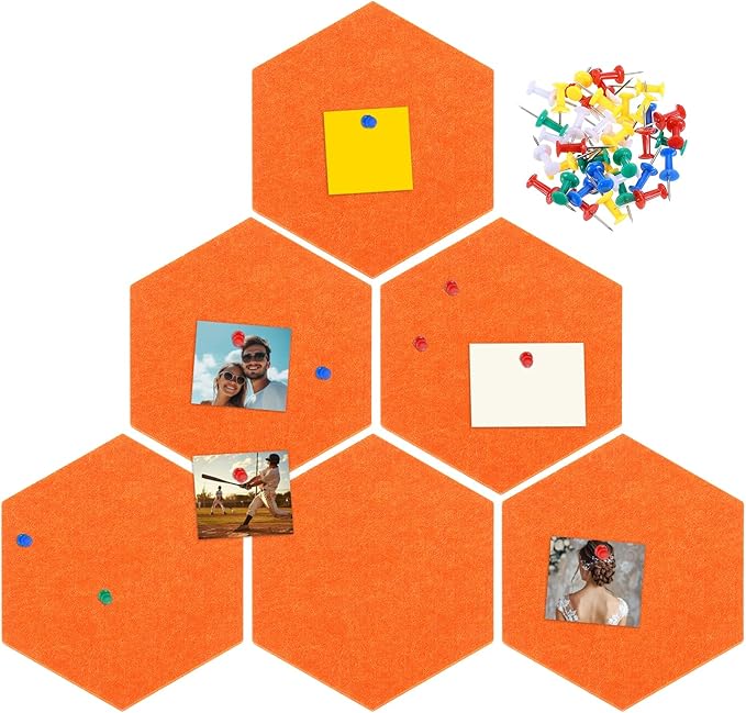 uxcell 6 Pcs Hexagon Felt Pin Board with 40 Pcs Pushpins 8.7" x 7.5" Self Adhesive Felt Bulletin Board Cork Boards for Walls Decorations Paste Notes Photos Schedules, Orange