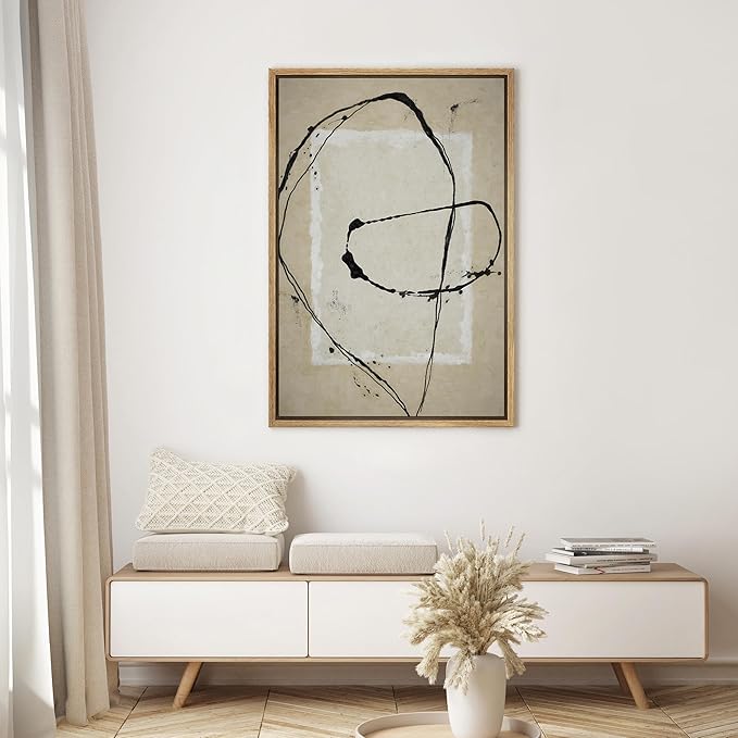 SIGNWIN Framed Canvas Print Wall Art Geometric Black Paint Stroke Square Abstract Shape Illustrations Minimalism Decorative Boho Multicolor Retro for Living Room, Bedroom, Office - 24"x36" Natural