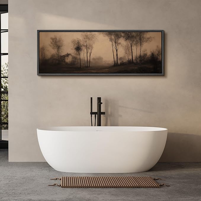 SIGNFORD Large Framed Canvas Print Wall Art Vintage Sepia Countryside Trees and Cottage Illustrations Modern Art Calm Warm for Living Room, Bedroom, Office - 60"x20"