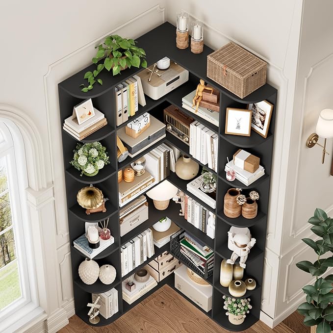 FOTOSOK 74” Tall Corner Bookshelf, 6-Tier Bookshelf and Bookcase with Open Storage, L Shaped Tall Bookcases Wooden Storage Shelves for Home Office, Thickened Boards for Better Load Bearing, Black