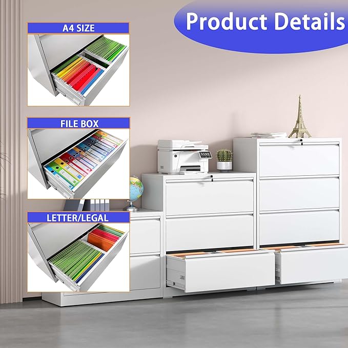 4 Drawer Lateral File Cabinet with Lock for Home Office Metal Filing Cabinet with Adjustable Hanging Rails Horizontal Filing Organization Storage Cabinet for Letter/Legal/A4/F4 Size White