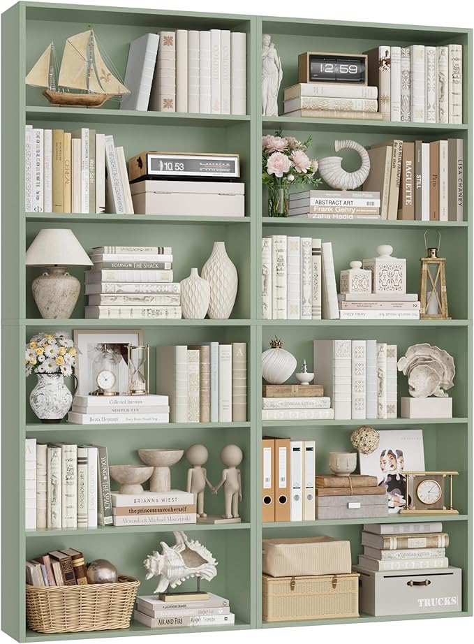 FOTOSOK 6-Tier Open Bookcase and Bookshelf Set of 2, Freestanding Display Storage Shelves Tall Bookcase for Bedroom, Living Room and Office,Green