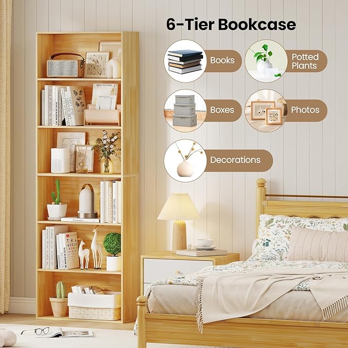 Giantex 6-Tier Bookcase Set of 2, 70" Tall Wooden Bookshelf, Freestanding Storage Organizer w/Open Shelves, Anti-Tipping Kits, Modern Floor Standing Display Shelves for Living Room,Burlywood