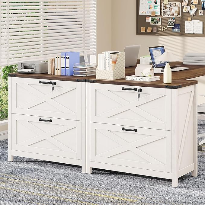 Lateral File Cabinet with 2 Large Drawers, Farmhouse File Cabinet with Lock for Letter/Legal/A4 Size Hanging Files, Wood File Storage Cabinets Printer Stand for Home Office Cabinets, White and Brown