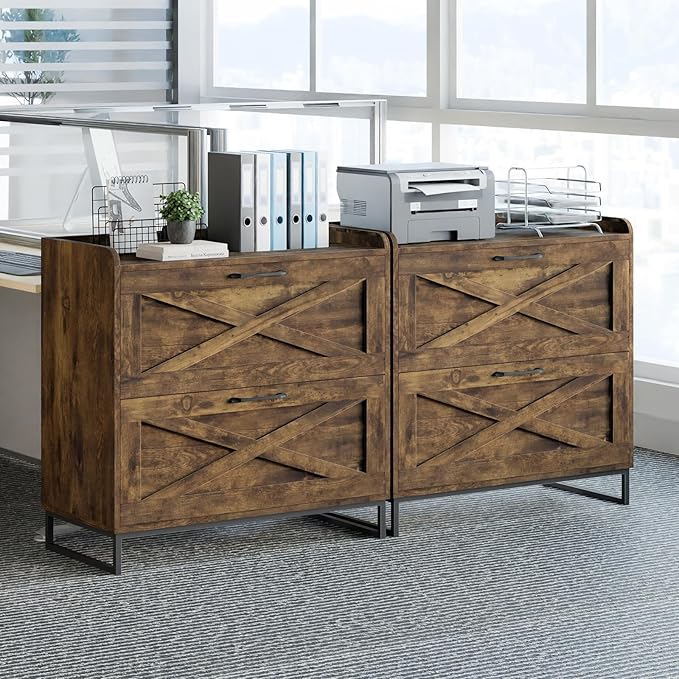 Vabches Lateral File Cabinet 2 Drawer File Cabinet with Charging Station for Legal/Letter/A4 Size Hanging Files, Large Wood File Storage Cabinets Printer Stand for Home Office, Rustic Brown