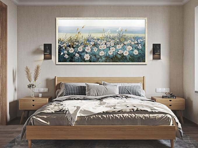 Arjun Flower Wall Art Canvas Framed Daisy Floral Textured Painting for Living Room, Bedroom Picture Artwork Dining Room Office Home Wall Decor, Large 48"x24"
