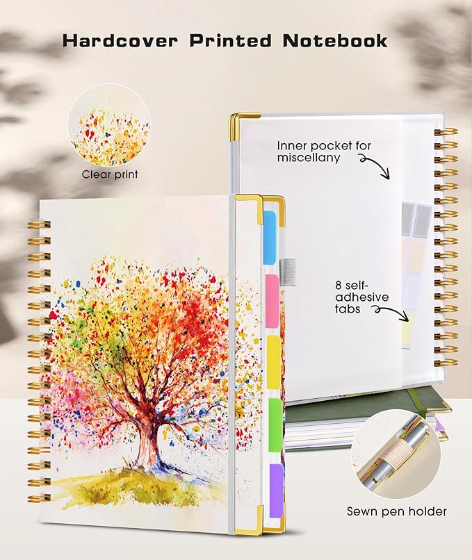 Hardcover Spiral Notebook Journal with Removable Dividers Tabs, 300 Pages 5 Subject Notebook College Ruled, 100GMS Notebooks for Work School Note Taking,Lined Journal for Women,Colorful Tree of Life