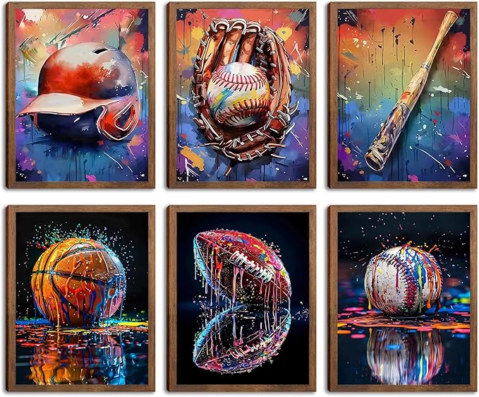 Basketball Baseball Sports Canvas Wall Art Set of 6, Vintage Graffiti Cool Posters Prints, Baseball bat American Football Wall Decor for Man Cave Dorm office Game Room Home Decor Gifts 8x10In Unframed