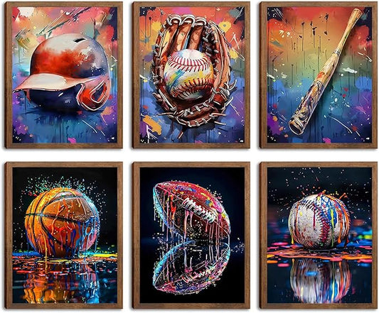 Basketball Baseball Sports Canvas Wall Art Set of 6, Vintage Graffiti Cool Posters Prints, Baseball bat American Football Wall Decor for Man Cave Dorm office Game Room Home Decor Gifts 8x10In Unframed