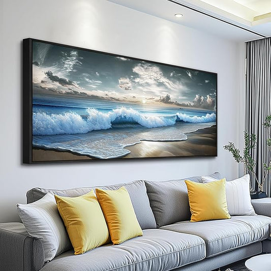 Mhartk66 Beach Framed Wall Art-Extra Large Paintings For Living Room Ocean Canvas Prints Coastal Artwork For Walls Landscape Nature Posters Waves Seascape Pictures Modern Home Decor for Bedroom Office