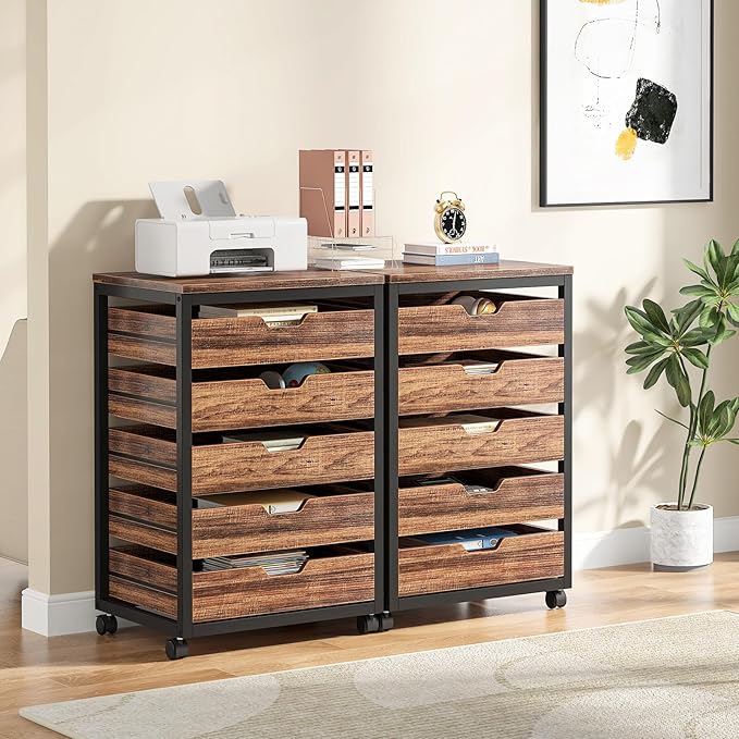 Tribesigns 5-Drawer File Cabinet, Wood Mobile Storage Drawer Unit, Industrial Office Cabinet with Drawers & Wheels, Rolling Printer Stand for Home Office (Rustic Brown)