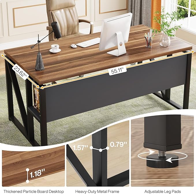 Tribesigns 55 inches Simple Computer Desk,Home Office Desk Writing Table for Workstation,Dark Walnut + Steel Leg， Cabinet not Included (Walnut, 55-inch)