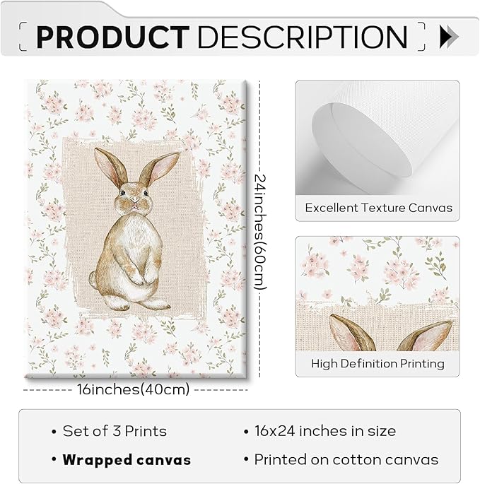 Vintage Nursery Wall Art Goose Canvas Poster Coquette Wall Decor Baby Girl Painting Kids Poster Bunny Rabbit Prints Cute Animal Pictures Duck Artwork for Bedroom Living Room 16x24x3 Inch Ready to Hang