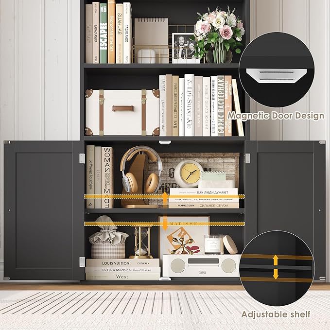 FACBOTALL 82" Tall Bookcase and Book Shelf, 24" Wide Bookshelf with Doors, 7 Tier Bookcase with Storage and Adjustable Shelf, Open and Display Farmhouse Bookshelf for Living Room, Home Office, Black