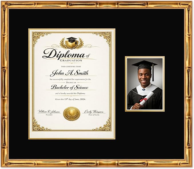 CountryArtHouse Fits 11 x 14 College Diploma (Portrait) and 5 x 7 Photo Diploma and Photo Frame Gold Bamboo Genuine Hardwood with Black Over Metallic Gold Double mat