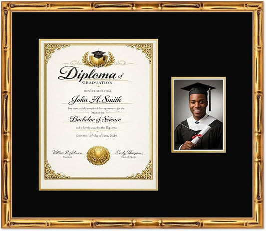 CountryArtHouse Fits 11 x 14 College Diploma (Portrait) and 5 x 7 Photo Diploma and Photo Frame Gold Bamboo Genuine Hardwood with Black Over Metallic Gold Double mat
