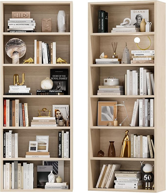 Furniwell 71" Tall Bookcase Bookshelves, 6 Tier Floor Standing Bookcases Open Frame, Modern Display Storage Organizer for Home Office, Living Room, Bedroom, Study Room (Beige, 2 Pcs)