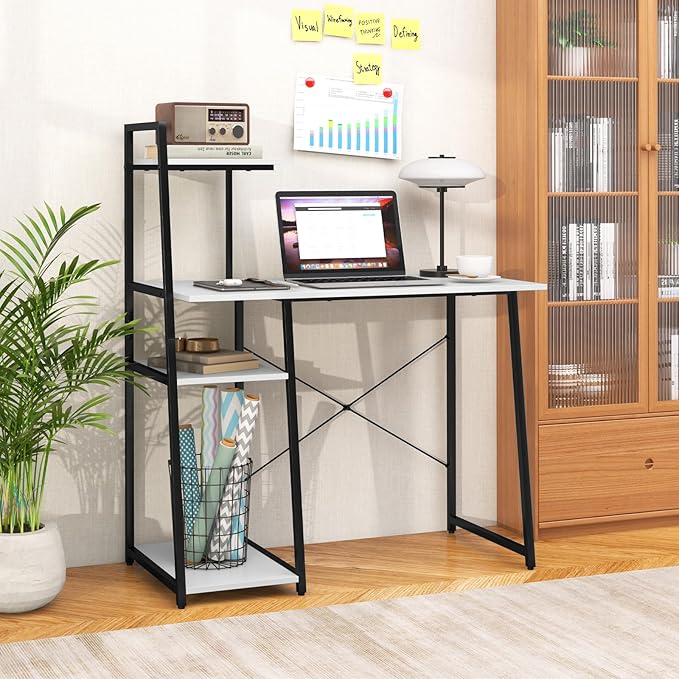 Giantex Computer Desk with Shelves, 47.5” Home Office Desk with Bookshelf, Host Stand, Metal Frame, PC Laptop Workstation, Modern Study Writing Desk for Bedroom, Small Space (White & Black)