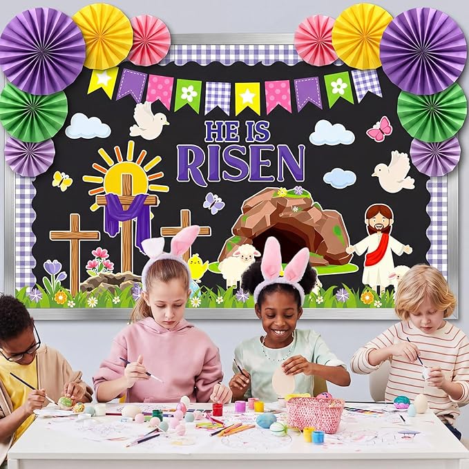 Eersida Easter Bulletin Board Decorations with Paper Fans 3D Christian Easter Classroom Bulletin Board He is Risen Cutouts for School Library Church Blackboard Window Wall Decor