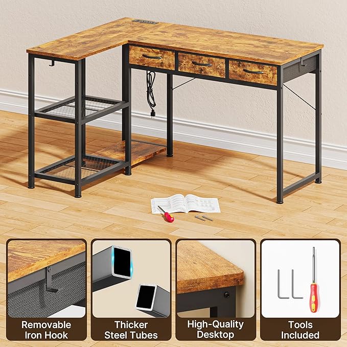 Gizoon Corner Computer Desk, 53 Inch L Shaped Office Desk with Power Outlets, Drawers, Reversible Storage Shelves, CPU Stand and Hooks for Living Room, Home Office, Study, Gaming(Rustic Brown)